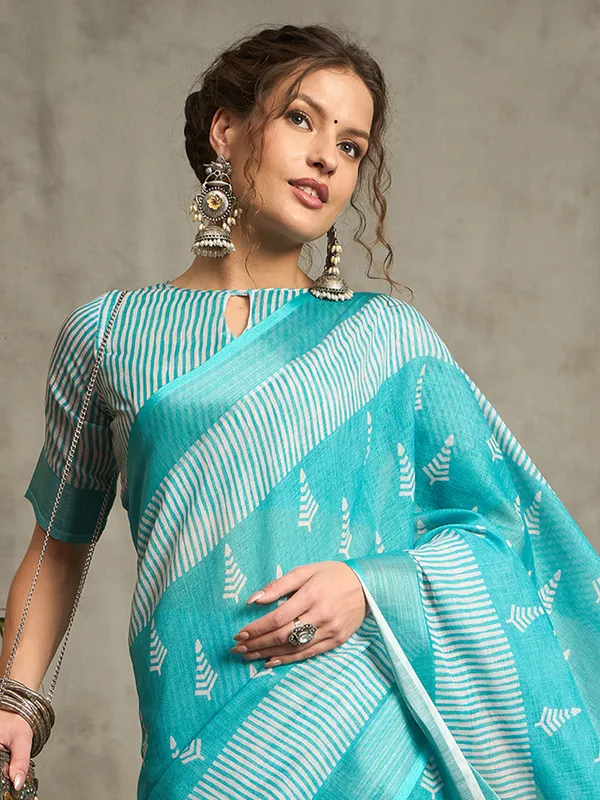 Sky blue printed pure linen saree