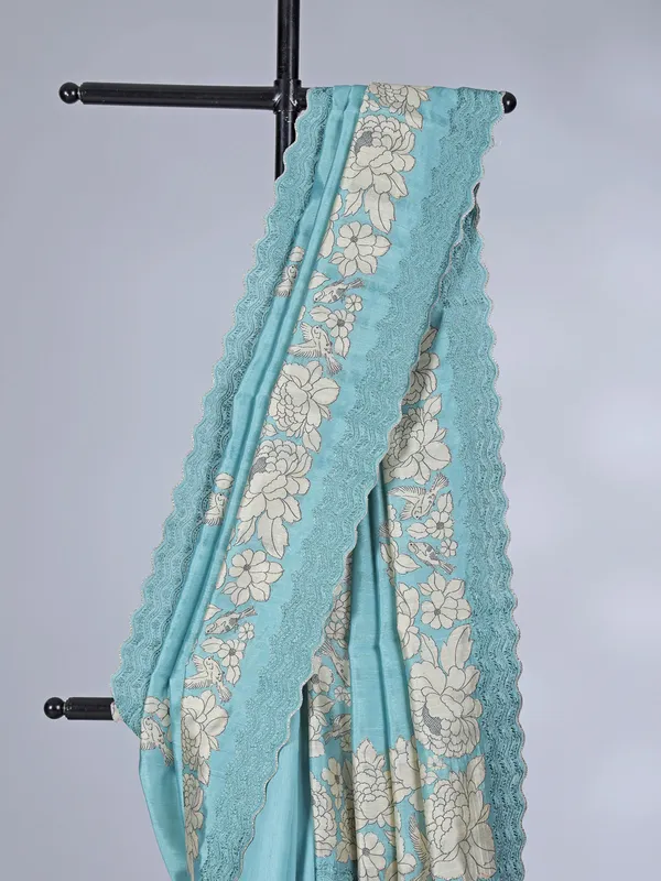 Sky blue printed semi silk saree with resham touch