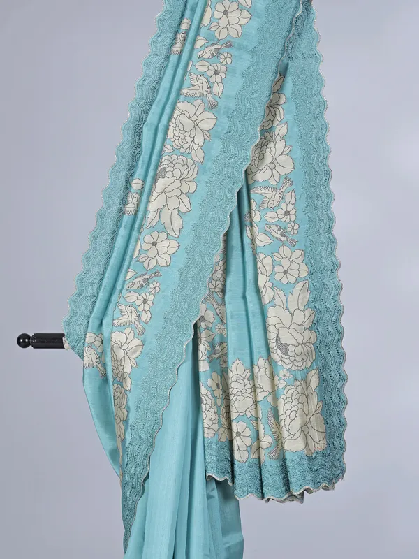 Sky blue printed semi silk saree with resham touch