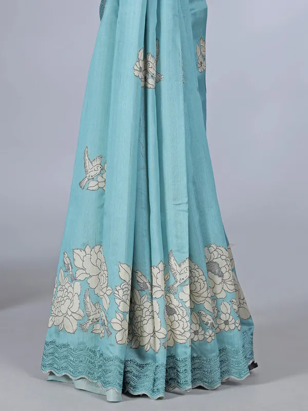 Sky blue printed semi silk saree with resham touch