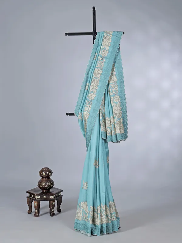 Sky blue printed semi silk saree with resham touch