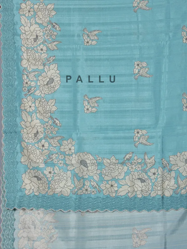 Sky blue printed semi silk saree with resham touch
