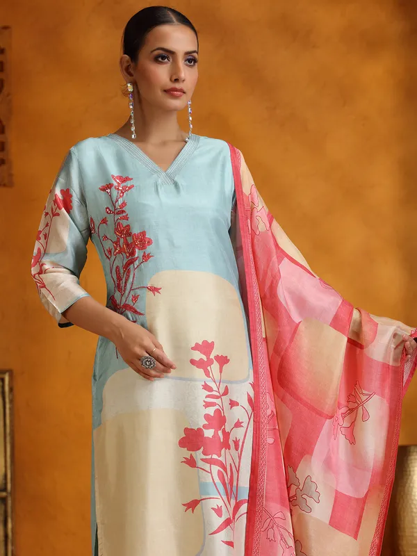 Sky blue printed silk kurti set for festival