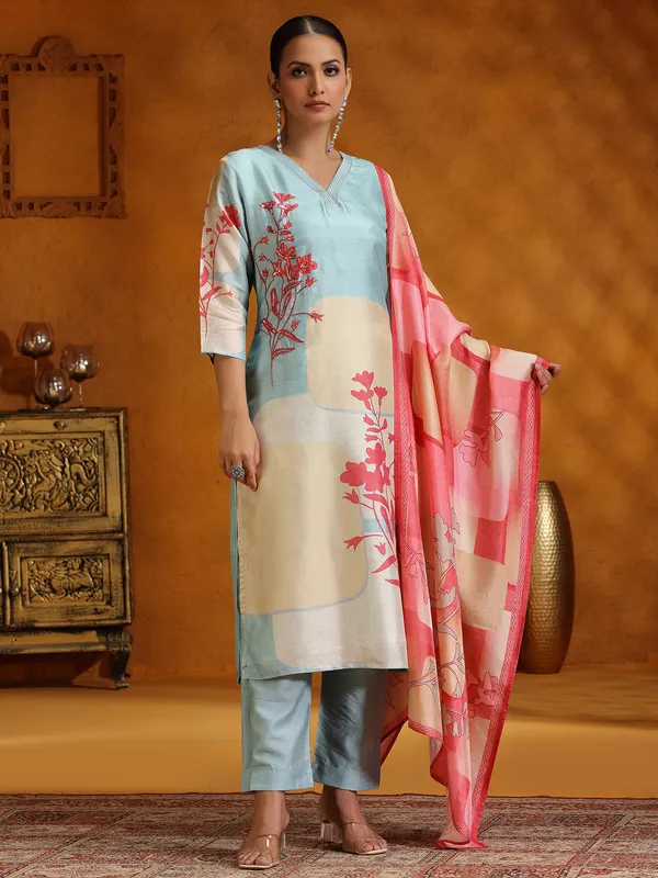 Sky blue printed silk kurti set for festival