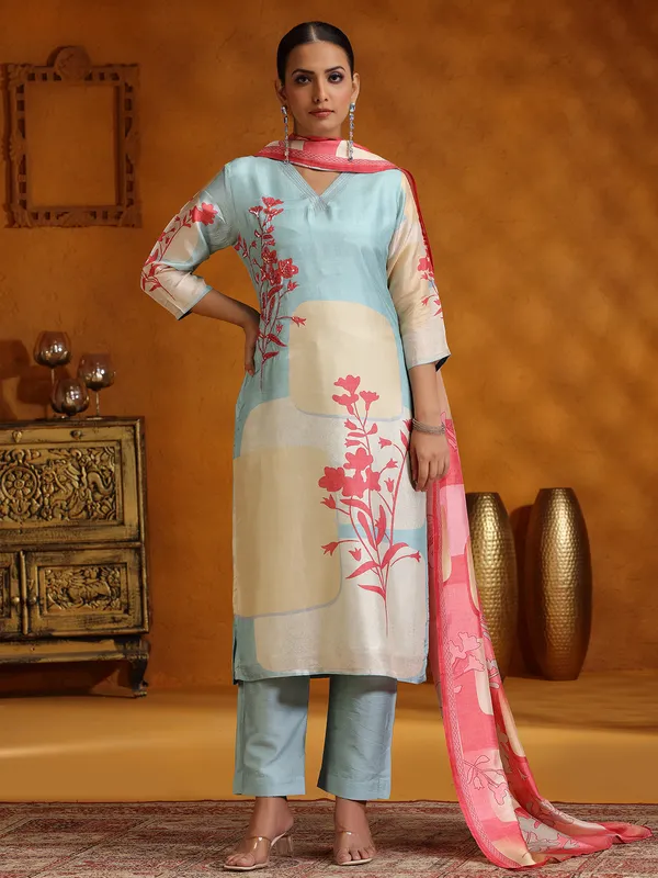 Sky blue printed silk kurti set for festival
