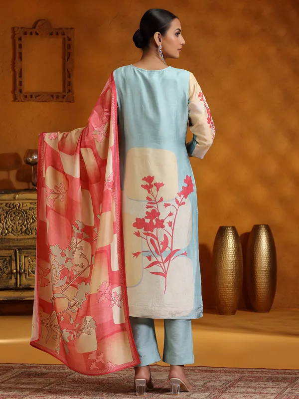 Sky blue printed silk kurti set for festival