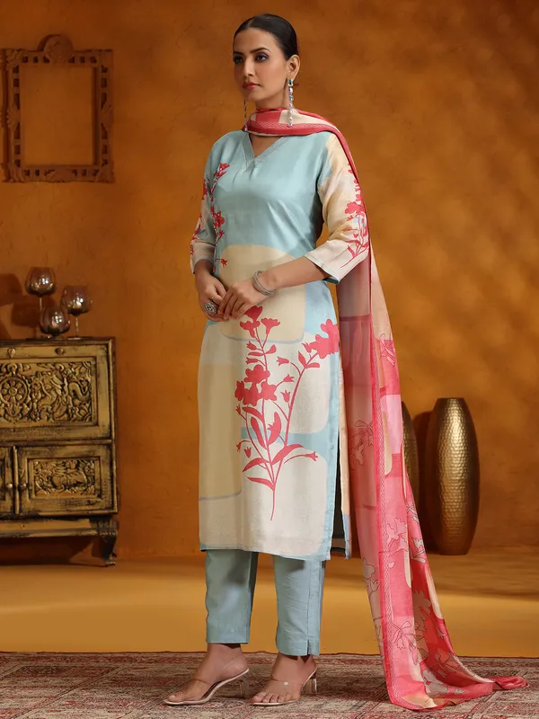 Sky blue printed silk kurti set for festival