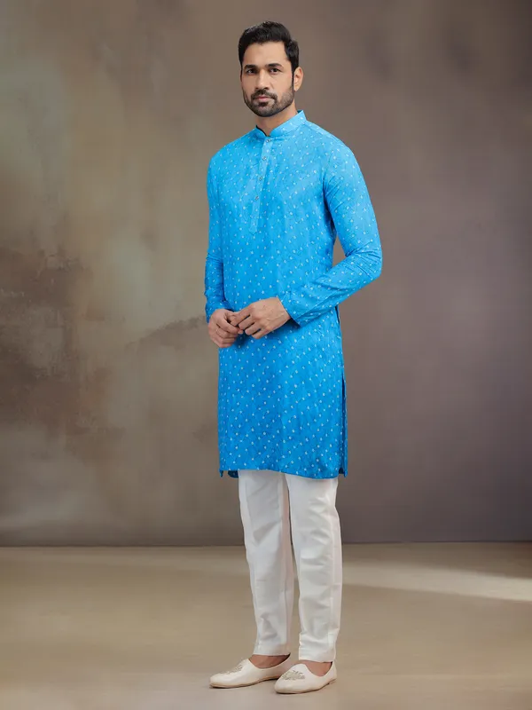 Sky Blue printed silk men kurta pajama