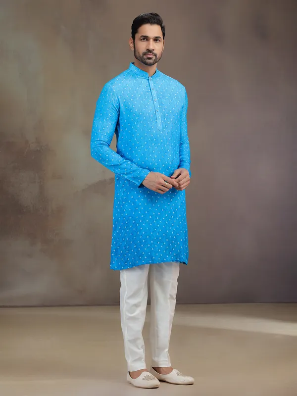 Sky Blue printed silk men kurta pajama