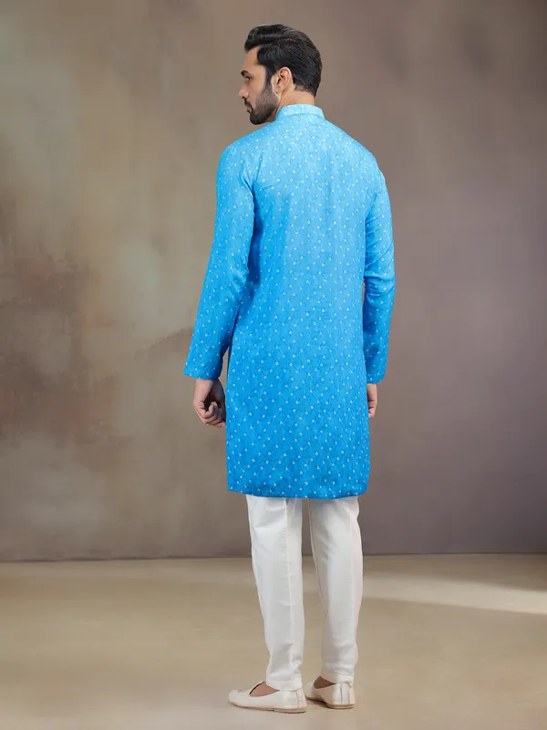 Sky Blue printed silk men kurta pajama