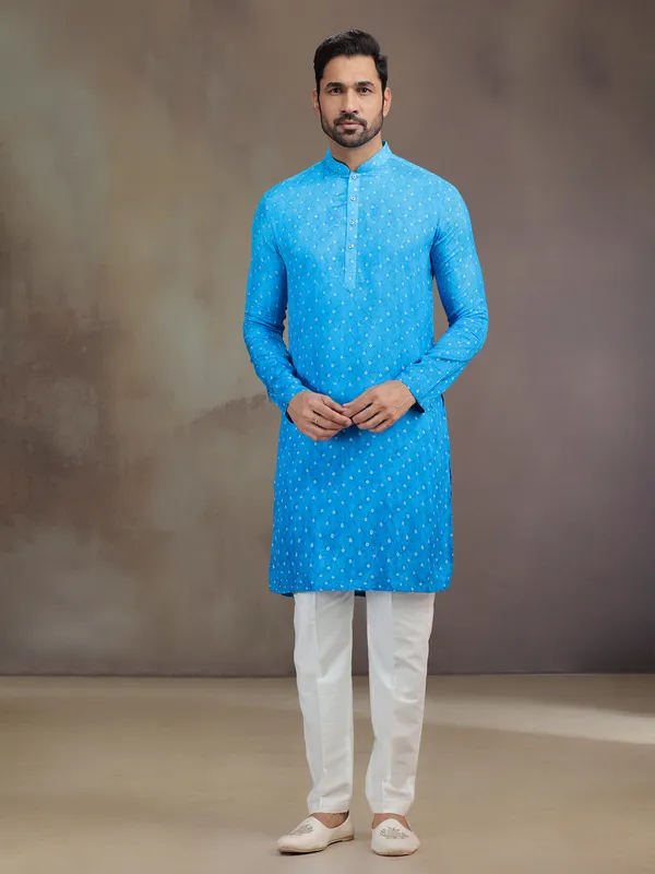 Sky Blue printed silk men kurta pajama