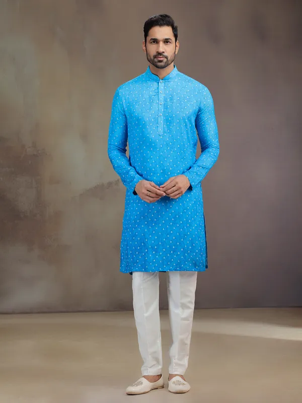 Sky Blue printed silk men kurta pajama