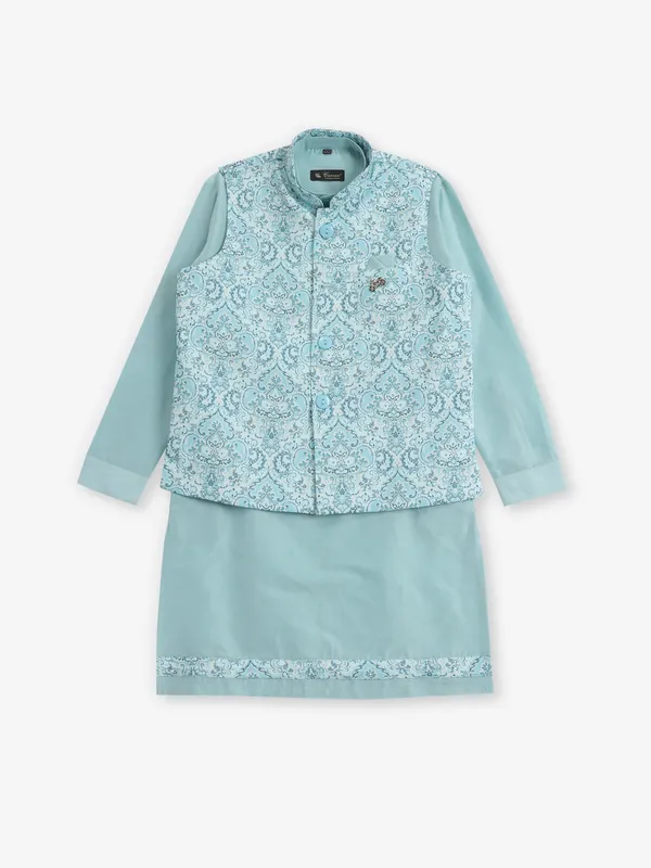 Sky blue printed silk waistcoat set