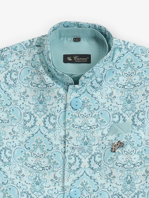 Sky blue printed silk waistcoat set