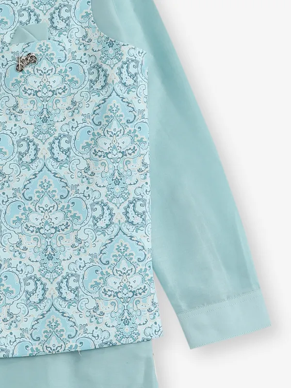 Sky blue printed silk waistcoat set