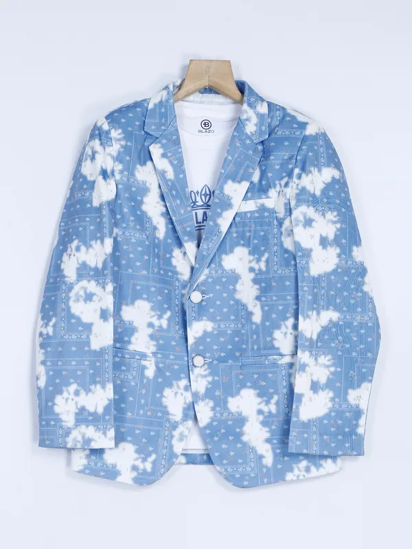 Sky blue printed terry rayon blazer
