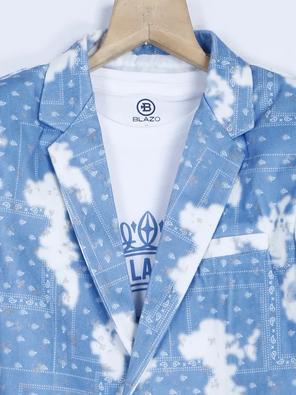 Sky blue printed terry rayon blazer