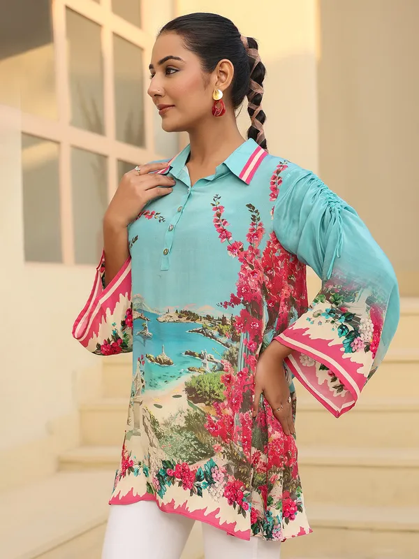 Sky blue printed top in crepe silk