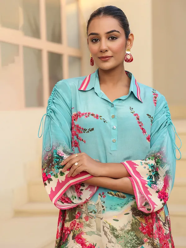 Sky blue printed top in crepe silk