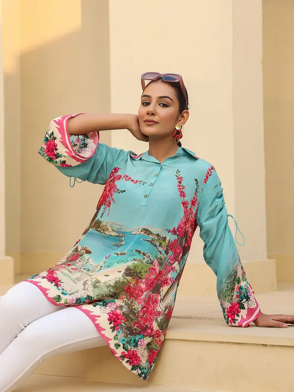 Sky blue printed top in crepe silk