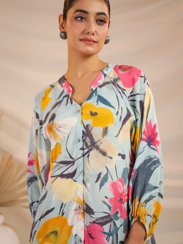 Sky blue printed top in soft crepe