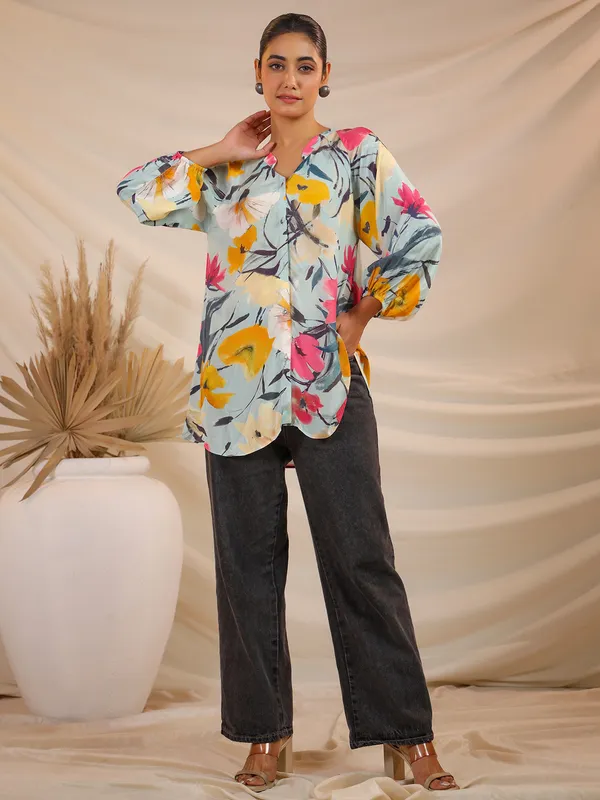 Sky blue printed top in soft crepe