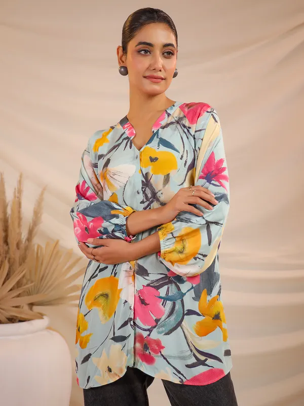 Sky blue printed top in soft crepe