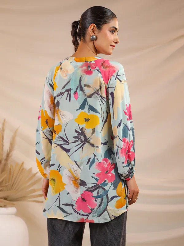 Sky blue printed top in soft crepe