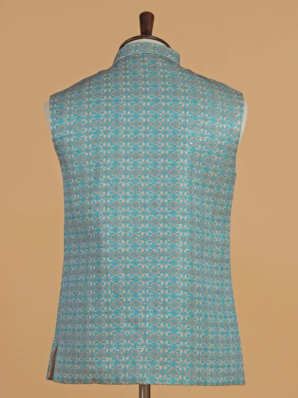Sky blue printed waistcoat in cotton silk