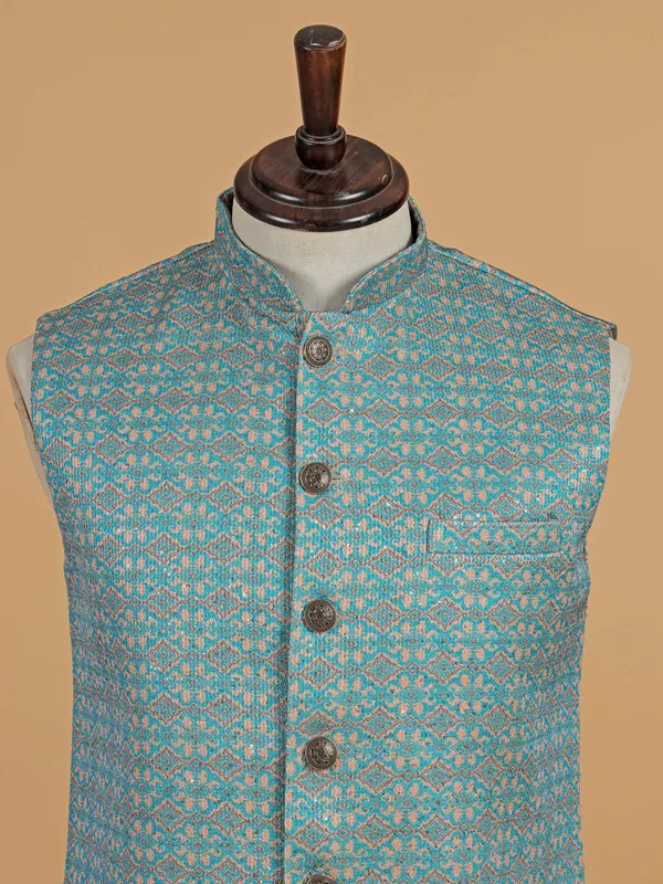 Sky blue printed waistcoat in cotton silk