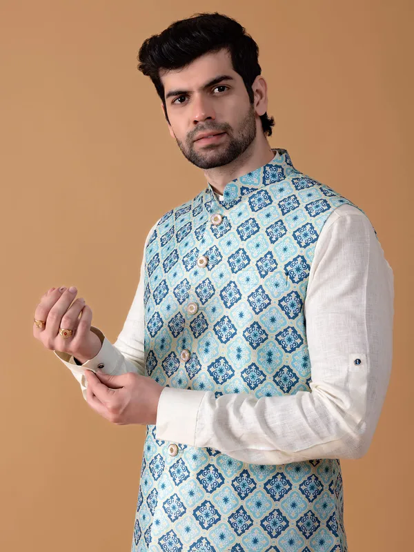 Sky blue printed waistcoat in silk