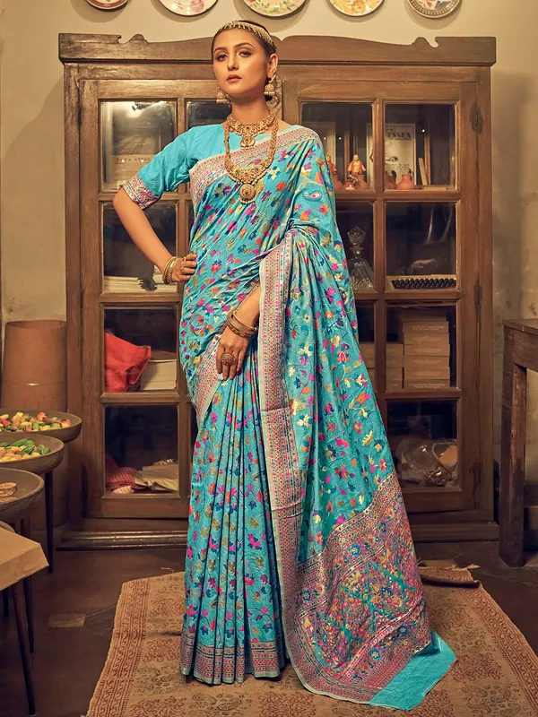 Sky blue pashmina silk saree