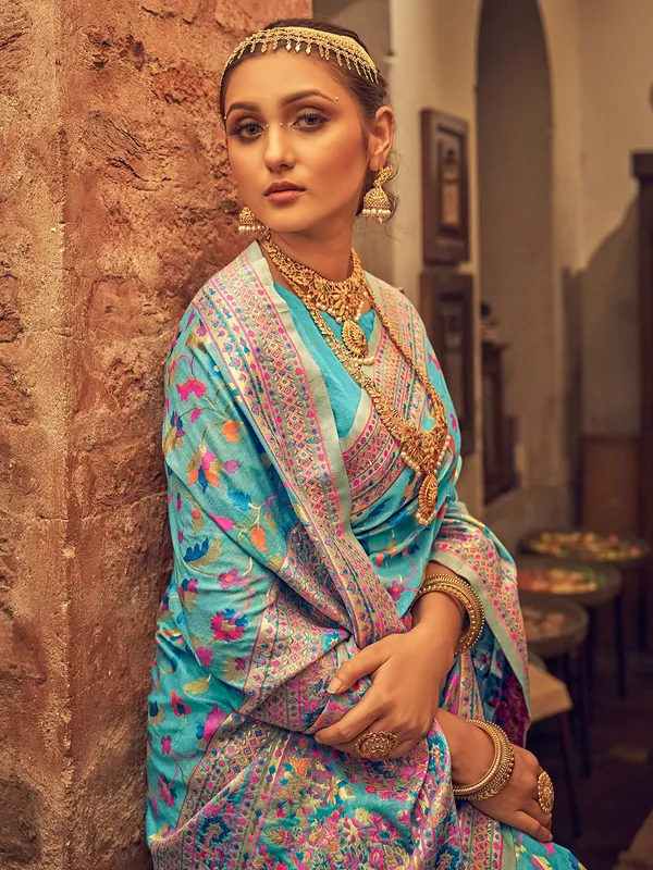 Sky blue pashmina silk saree