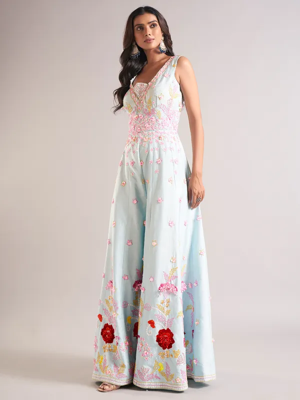 Sky blue raw silk jump salwar suit