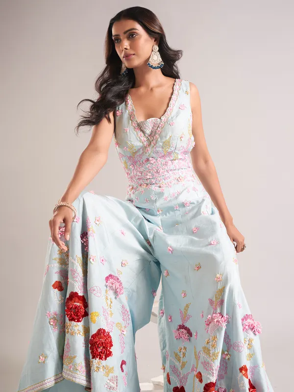 Sky blue raw silk jump salwar suit