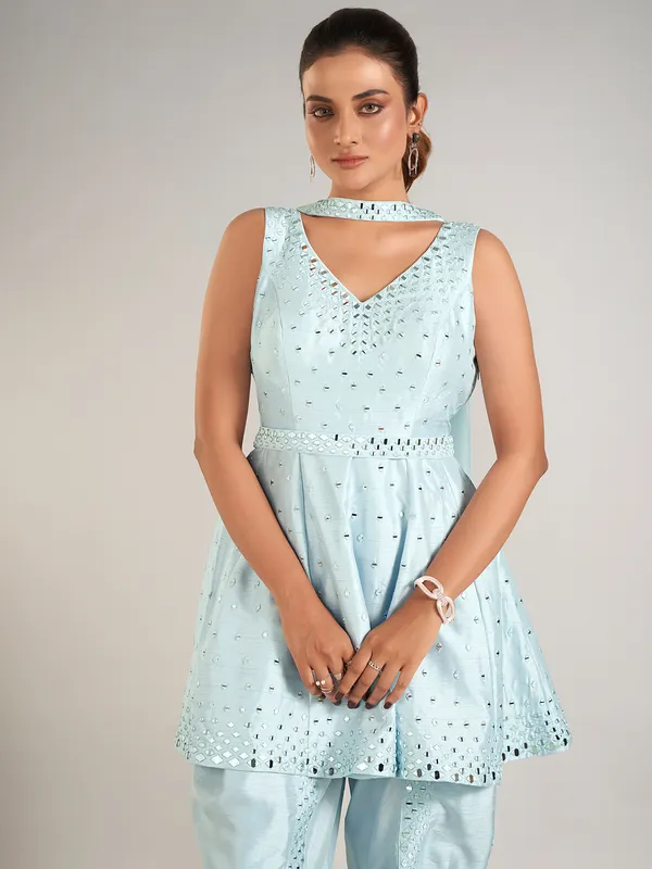 Sky blue raw silk salwar suit for wedding