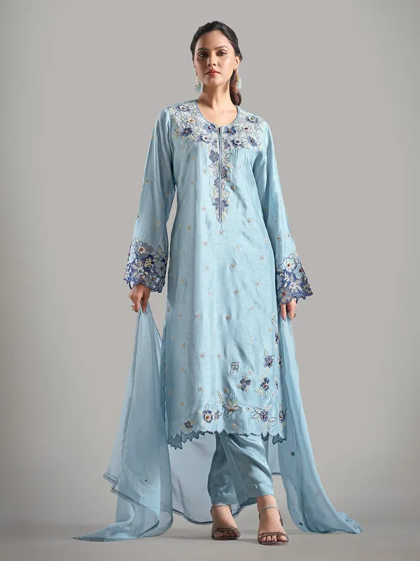 Sky blue raw silk salwar suit with dupatta