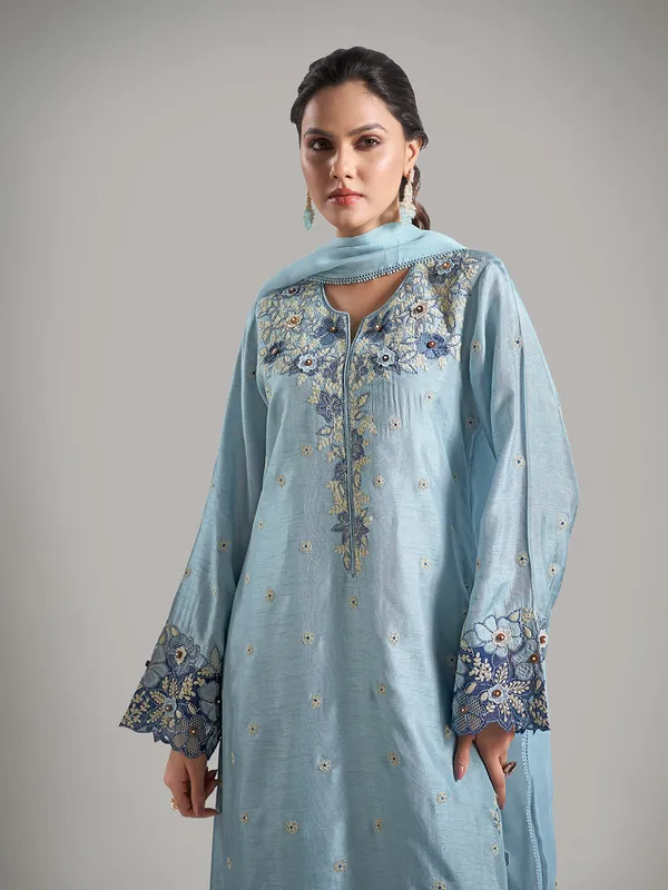 Sky blue raw silk salwar suit with dupatta
