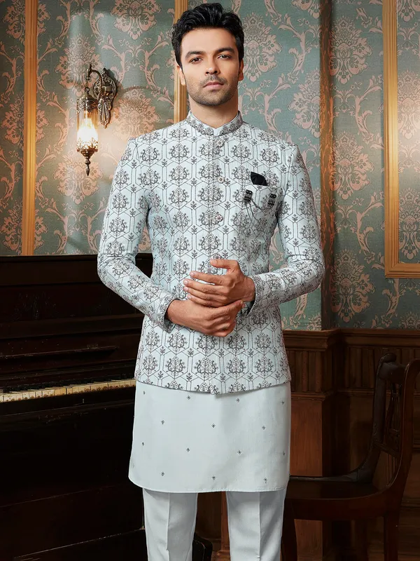 Sky blue reception style semi-indowestern for men