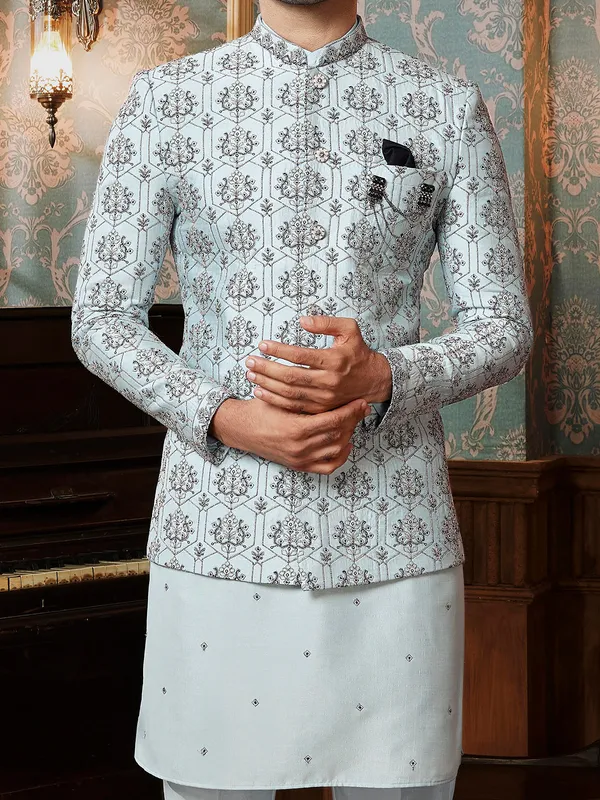Sky blue reception style semi-indowestern for men