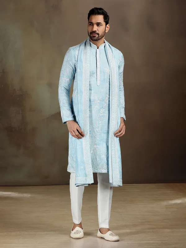 Sky blue satin kurta set with sequins