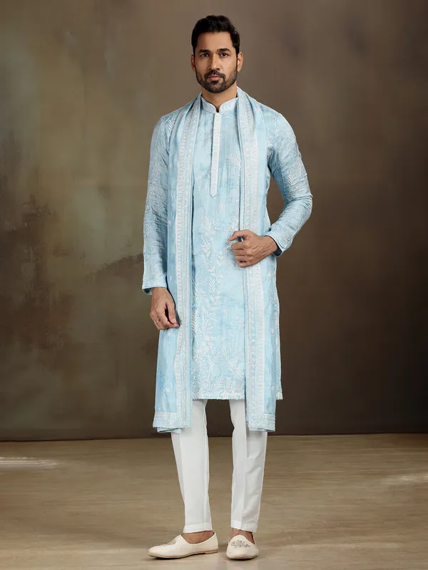 Sky blue satin kurta set with sequins