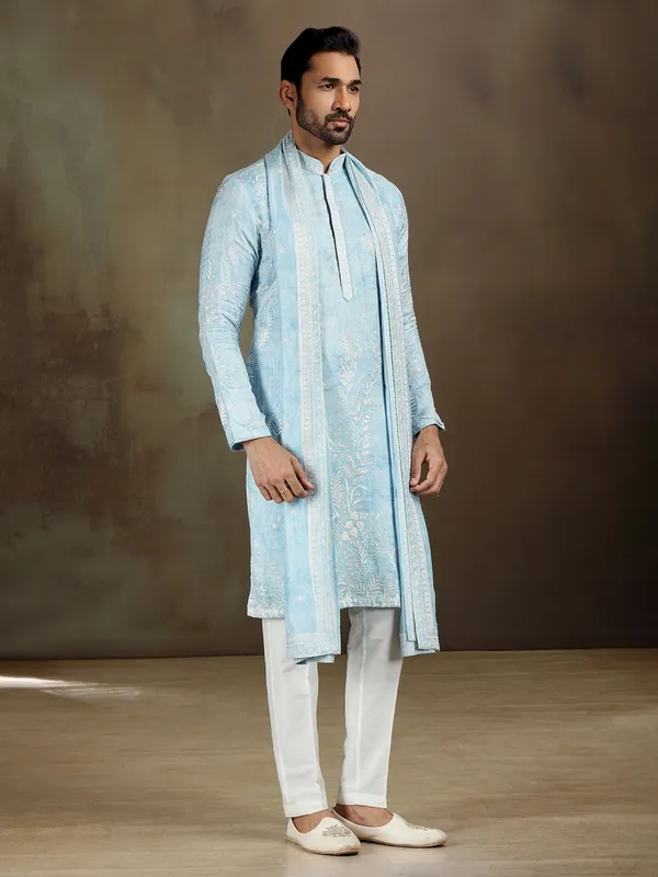 Sky blue satin kurta set with sequins