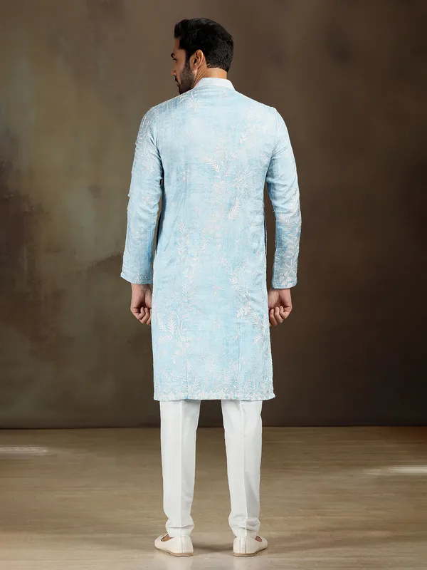 Sky blue satin kurta set with sequins