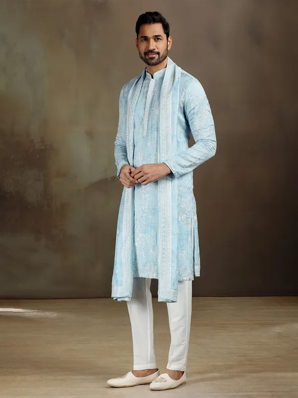 Sky blue satin kurta set with sequins