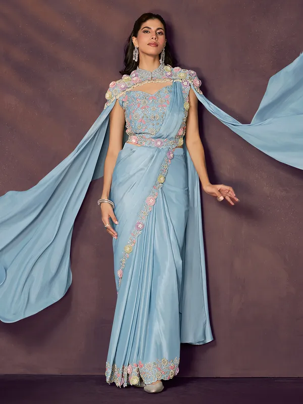 Grey satin silk designer ready to wear saree