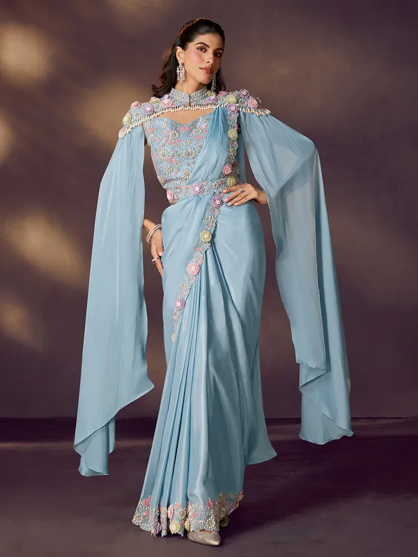 Grey satin silk designer ready to wear saree