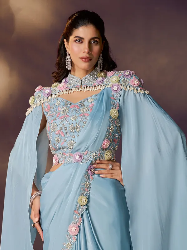 Grey satin silk designer ready to wear saree