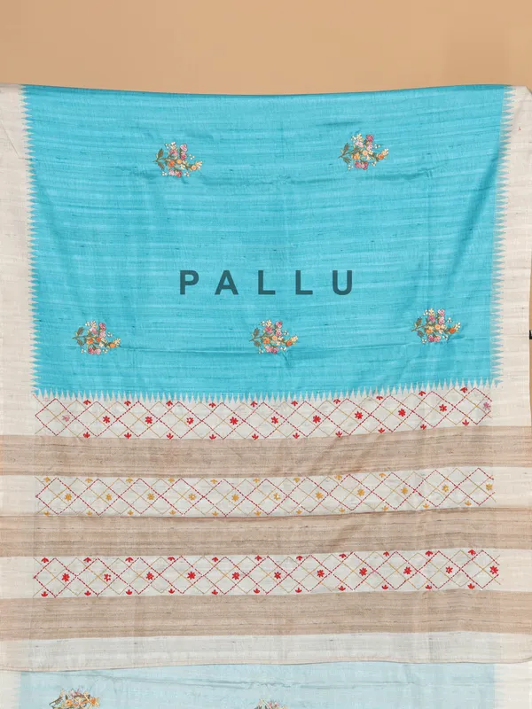 Sky blue semi cotton silk saree in printed