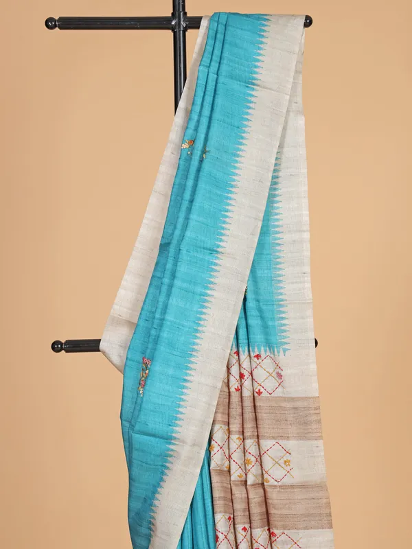 Sky blue semi cotton silk saree in printed